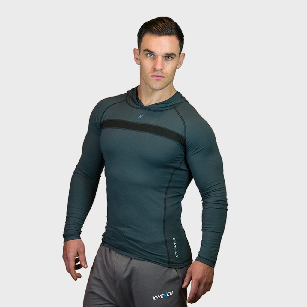 Kwench Crux Mens long sleeve moisture wicking Tshirt with hood